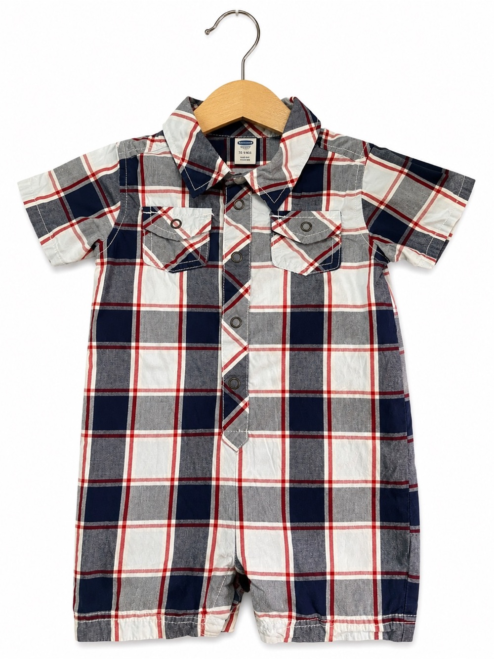 Old Navy Baby Boys Plaid Button Front Romper 12-18M Red White Blue Cotton